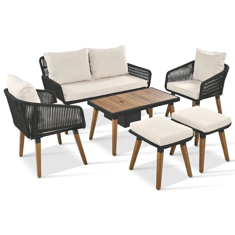 Set salotto da esterno 6 pezzi con divano in corda, tavolino con scomparto refrigerante e 2 sgabelli in legno di acacia