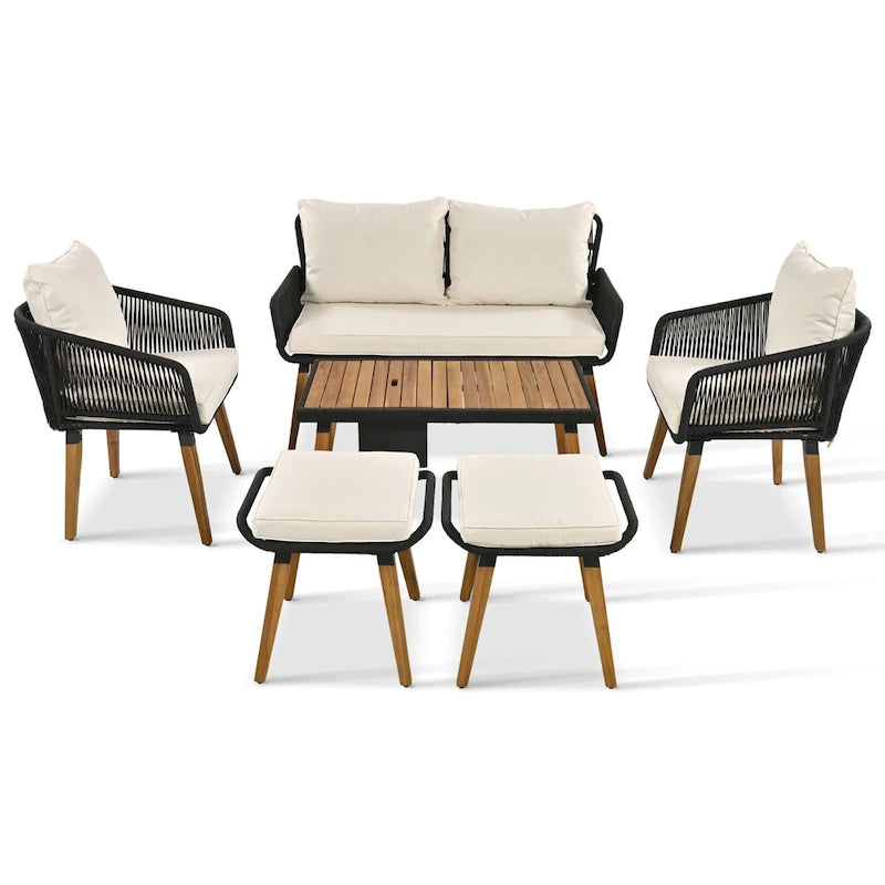 Set salotto da esterno 6 pezzi con divano in corda, tavolino con scomparto refrigerante e 2 sgabelli in legno di acacia