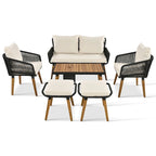 Set salotto da esterno 6 pezzi con divano in corda, tavolino con scomparto refrigerante e 2 sgabelli in legno di acacia