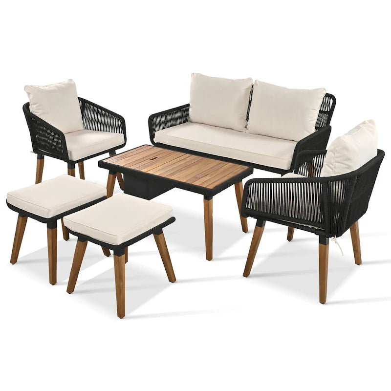 Set salotto da esterno 6 pezzi con divano in corda, tavolino con scomparto refrigerante e 2 sgabelli in legno di acacia
