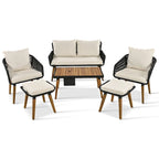 Set salotto da esterno 6 pezzi con divano in corda, tavolino con scomparto refrigerante e 2 sgabelli in legno di acacia