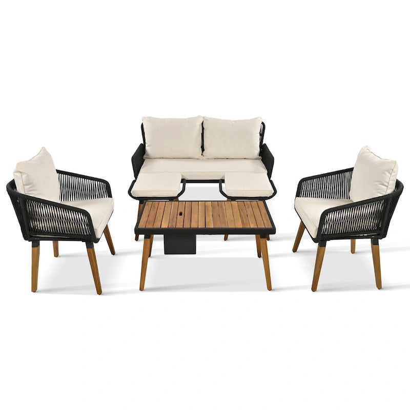 Set salotto da esterno 6 pezzi con divano in corda, tavolino con scomparto refrigerante e 2 sgabelli in legno di acacia