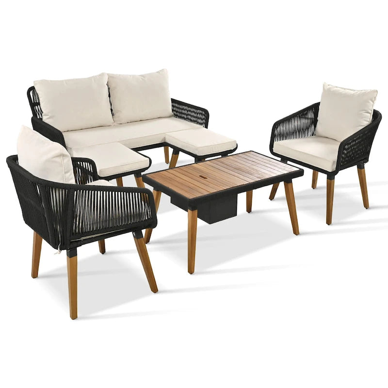 Set salotto da esterno 6 pezzi con divano in corda, tavolino con scomparto refrigerante e 2 sgabelli in legno di acacia