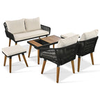 Set salotto da esterno 6 pezzi con divano in corda, tavolino con scomparto refrigerante e 2 sgabelli in legno di acacia