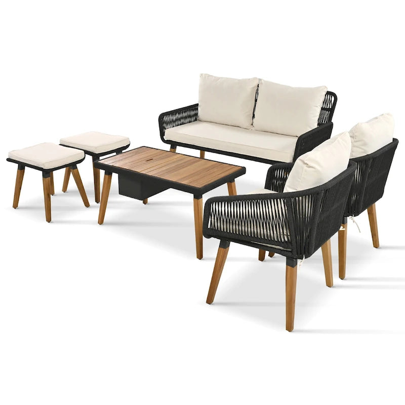 Set salotto da esterno 6 pezzi con divano in corda, tavolino con scomparto refrigerante e 2 sgabelli in legno di acacia