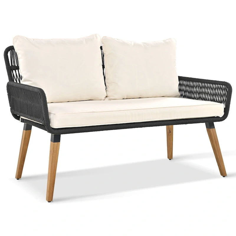 Set salotto da esterno 6 pezzi con divano in corda, tavolino con scomparto refrigerante e 2 sgabelli in legno di acacia