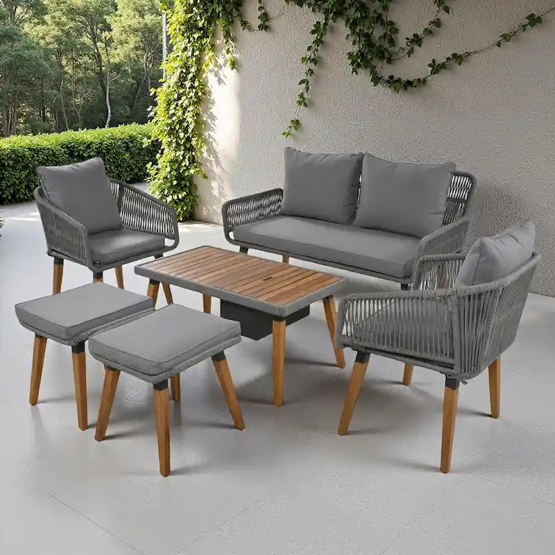 Set salotto da esterno 6 pezzi con divano in corda, tavolino con scomparto refrigerante e 2 sgabelli in legno di acacia