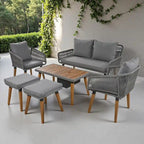 Set salotto da esterno 6 pezzi con divano in corda, tavolino con scomparto refrigerante e 2 sgabelli in legno di acacia
