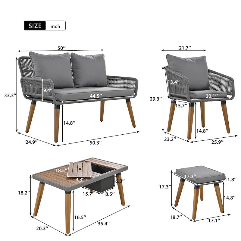 Set salotto da esterno 6 pezzi con divano in corda, tavolino con scomparto refrigerante e 2 sgabelli in legno di acacia