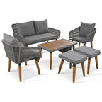 Set salotto da esterno 6 pezzi con divano in corda, tavolino con scomparto refrigerante e 2 sgabelli in legno di acacia