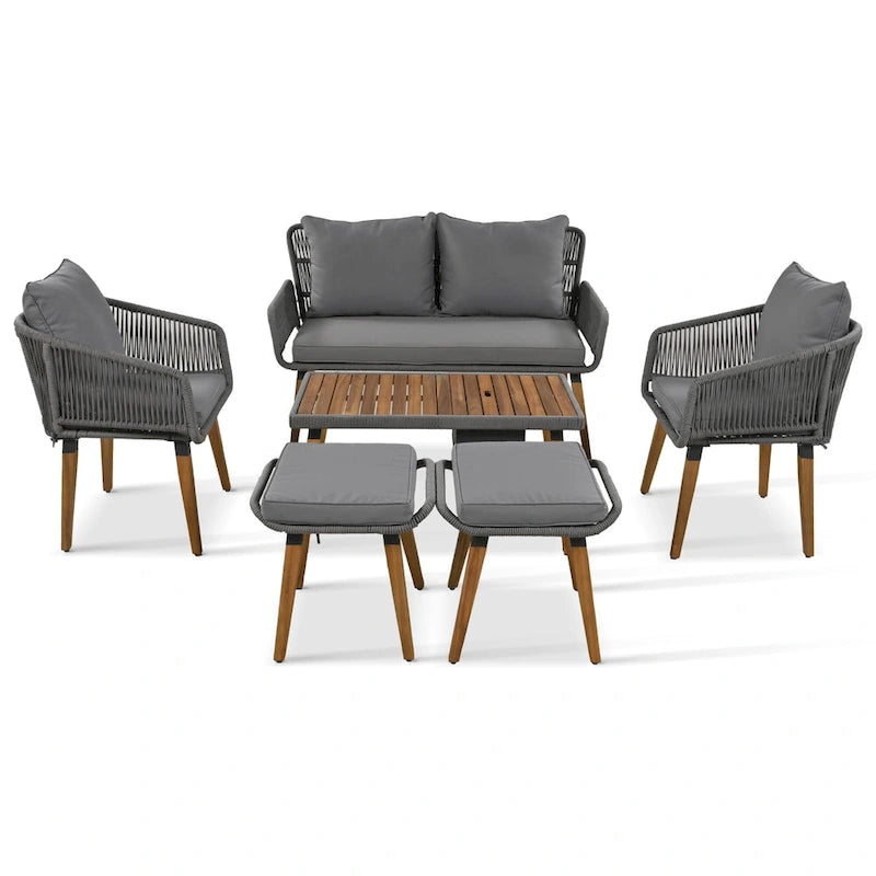Set salotto da esterno 6 pezzi con divano in corda, tavolino con scomparto refrigerante e 2 sgabelli in legno di acacia