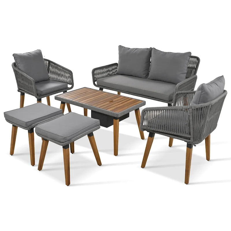 Set salotto da esterno 6 pezzi con divano in corda, tavolino con scomparto refrigerante e 2 sgabelli in legno di acacia