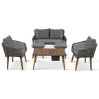 Set salotto da esterno 6 pezzi con divano in corda, tavolino con scomparto refrigerante e 2 sgabelli in legno di acacia