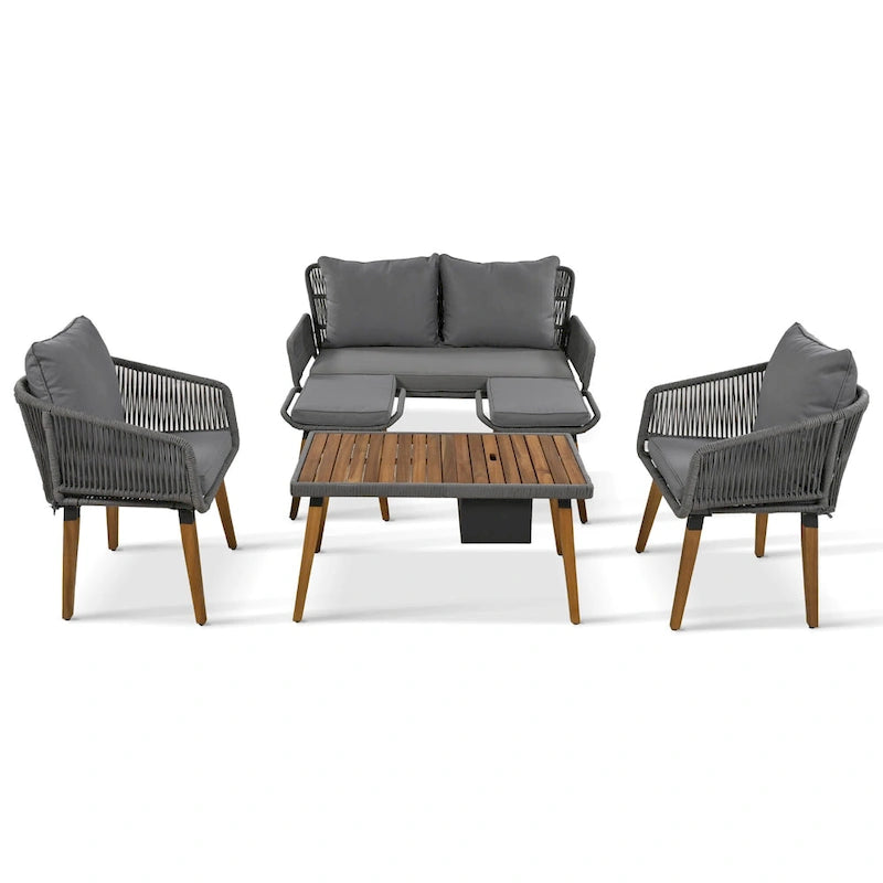 Set salotto da esterno 6 pezzi con divano in corda, tavolino con scomparto refrigerante e 2 sgabelli in legno di acacia