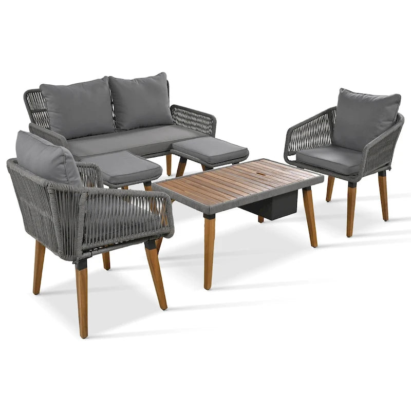 Set salotto da esterno 6 pezzi con divano in corda, tavolino con scomparto refrigerante e 2 sgabelli in legno di acacia
