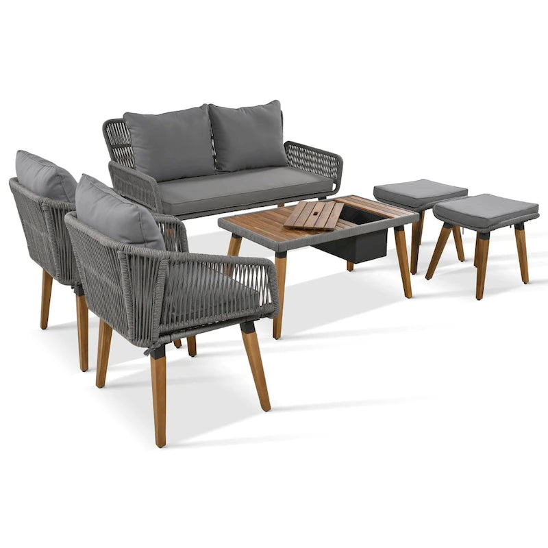 Set salotto da esterno 6 pezzi con divano in corda, tavolino con scomparto refrigerante e 2 sgabelli in legno di acacia