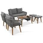 Set salotto da esterno 6 pezzi con divano in corda, tavolino con scomparto refrigerante e 2 sgabelli in legno di acacia