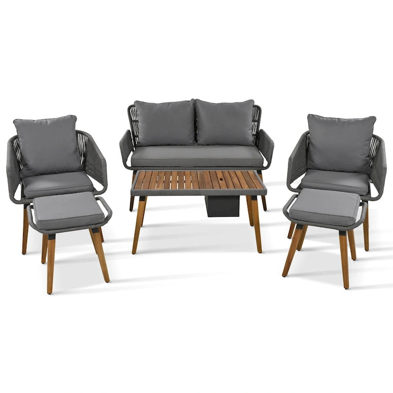 Set salotto da esterno 6 pezzi con divano in corda, tavolino con scomparto refrigerante e 2 sgabelli in legno di acacia