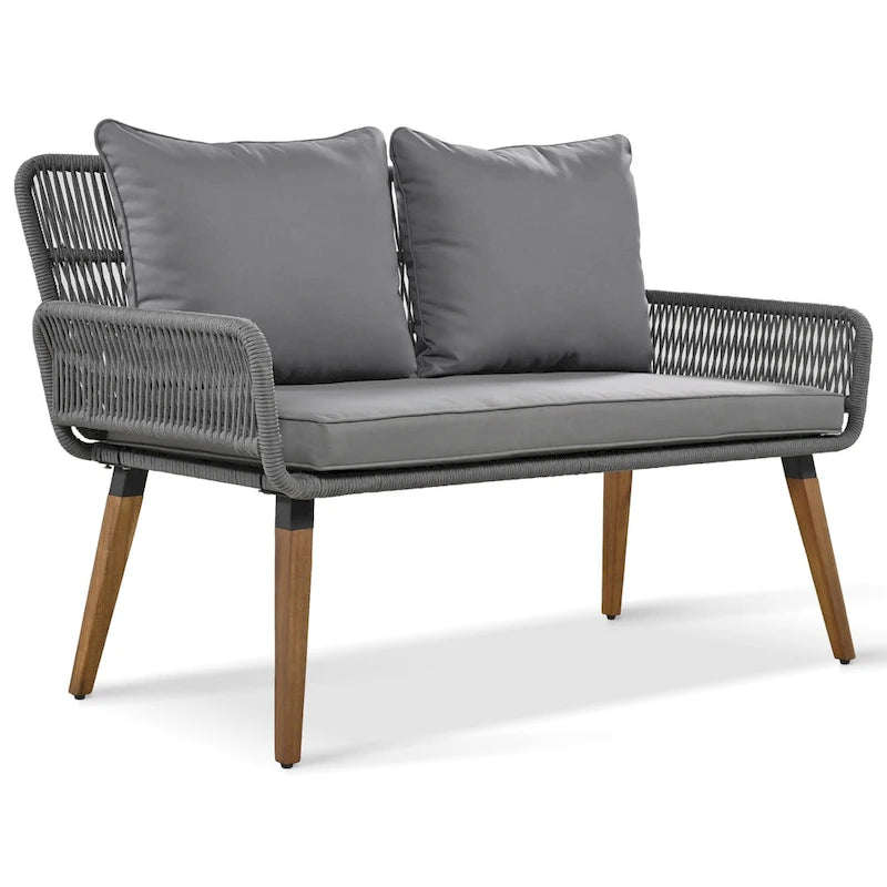Set salotto da esterno 6 pezzi con divano in corda, tavolino con scomparto refrigerante e 2 sgabelli in legno di acacia