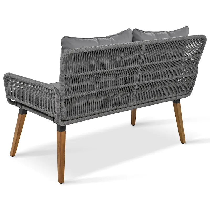 Set salotto da esterno 6 pezzi con divano in corda, tavolino con scomparto refrigerante e 2 sgabelli in legno di acacia
