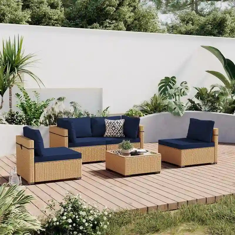 Patio Watcher 5-Pieces Yellow Rattan Conversation Set with Cusions for Outdoors