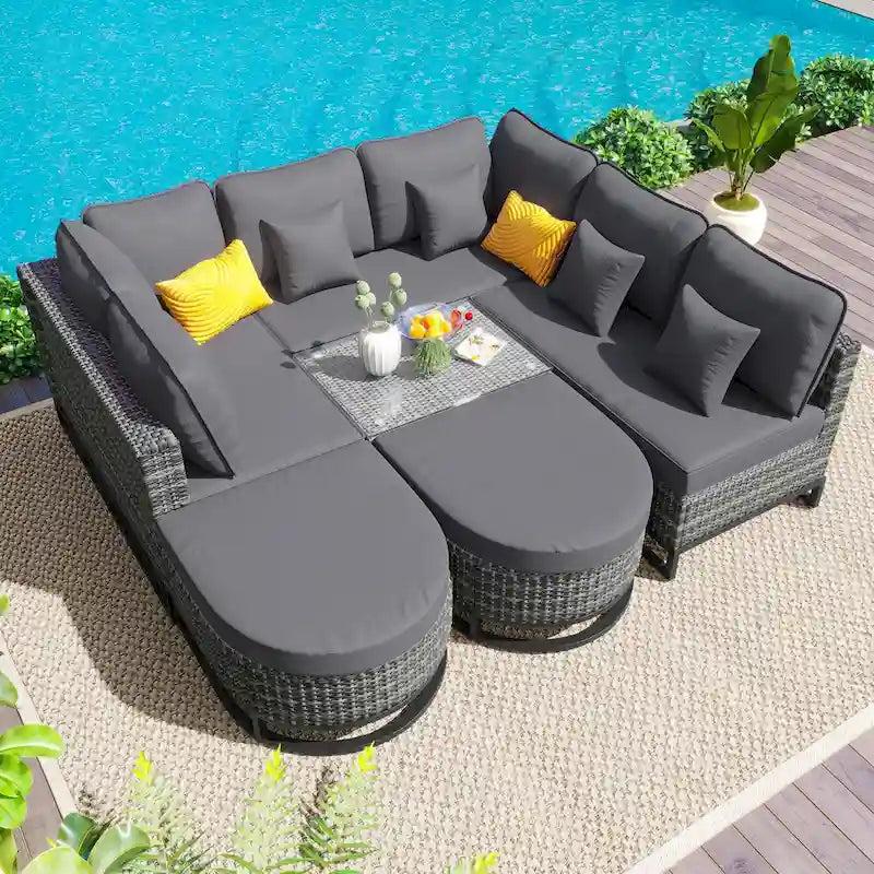 Set Divano da Esterno in Rattan 7 Pezzi di Grandi Dimensioni