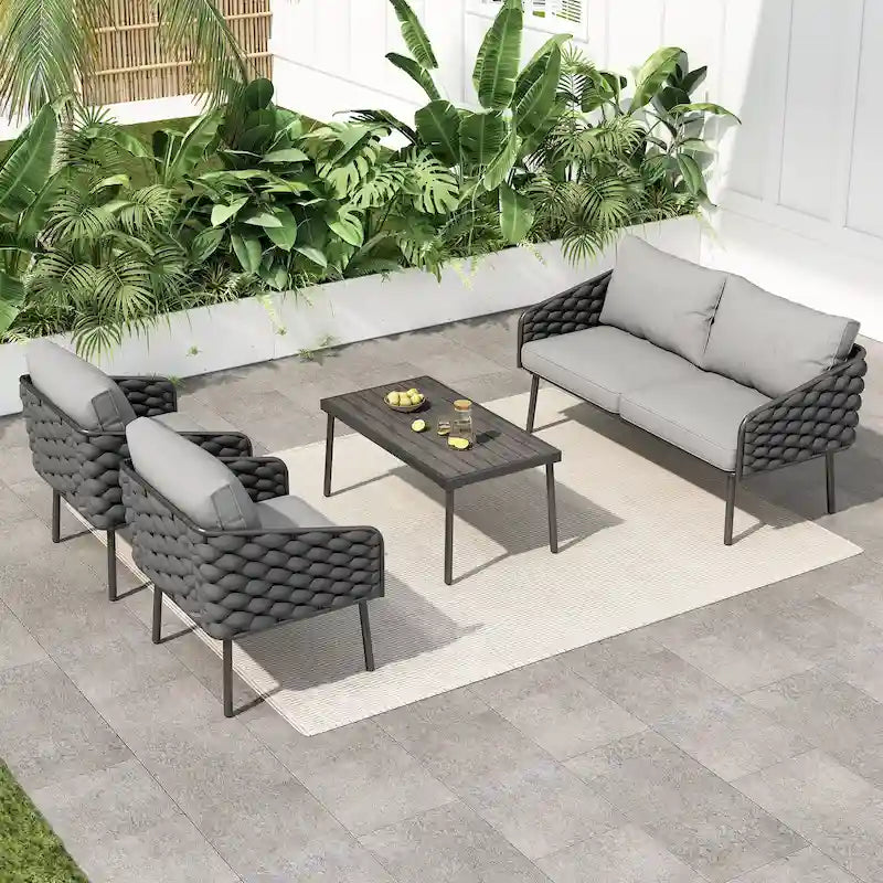 Roomfitters, Set di 4 divani da esterno in metallo con cuscini, mobili da salotto profondi per giardino o balcone, grigio