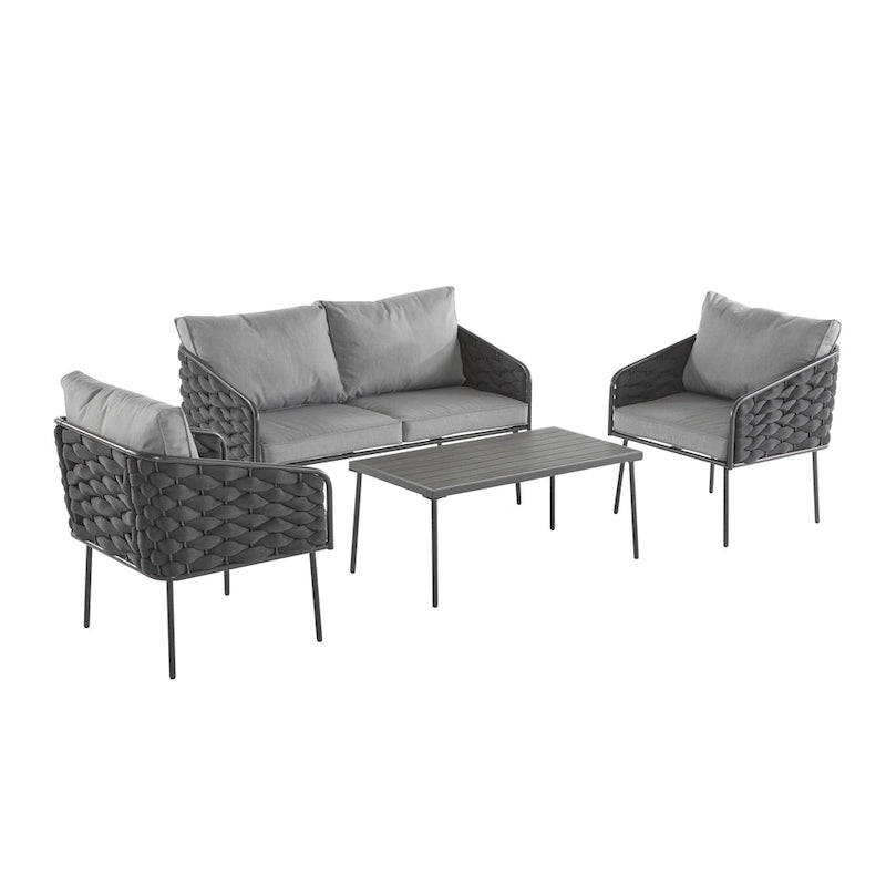 Roomfitters, Set di 4 divani da esterno in metallo con cuscini, mobili da salotto profondi per giardino o balcone, grigio
