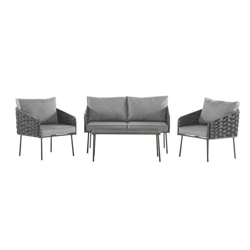 Roomfitters, Set di 4 divani da esterno in metallo con cuscini, mobili da salotto profondi per giardino o balcone, grigio