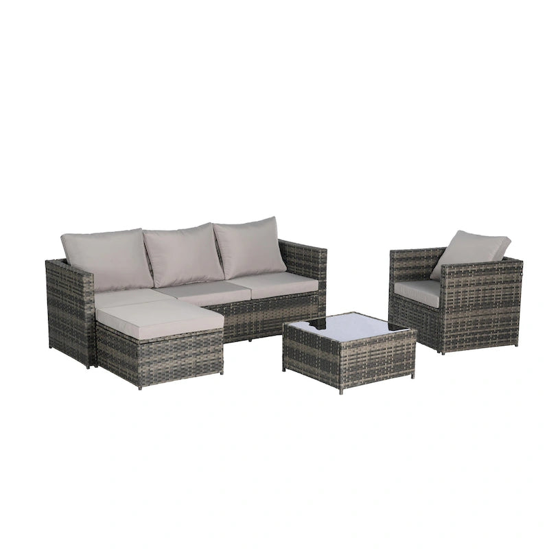 Divano Sezionale a L a 4 Pezzi con Poltrona Singola e Tavolino in Vetro