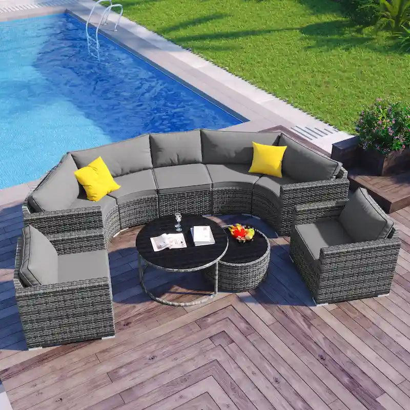 Set Sezionale Semicircolare a 9 Pezzi con Tavolino Nido e Poltrone