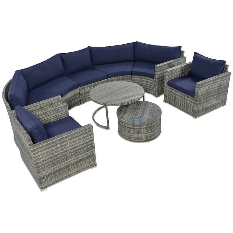 Set Sezionale Semicircolare a 9 Pezzi con Tavolino Nido e Poltrone