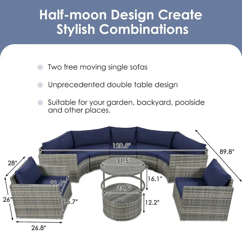 Set Sezionale Semicircolare a 9 Pezzi con Tavolino Nido e Poltrone