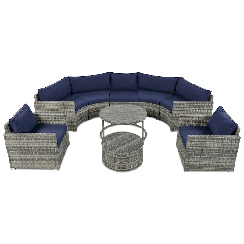 Set Sezionale Semicircolare a 9 Pezzi con Tavolino Nido e Poltrone