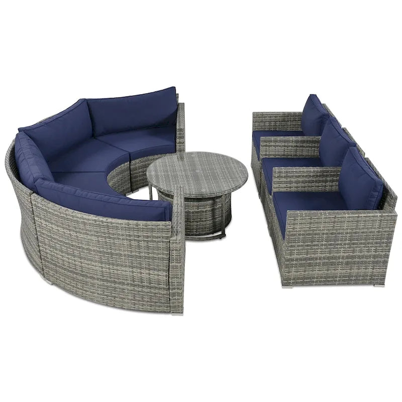 Set Sezionale Semicircolare a 9 Pezzi con Tavolino Nido e Poltrone