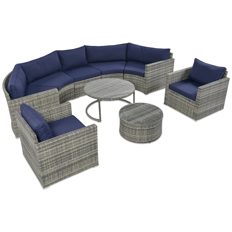 Set Sezionale Semicircolare a 9 Pezzi con Tavolino Nido e Poltrone