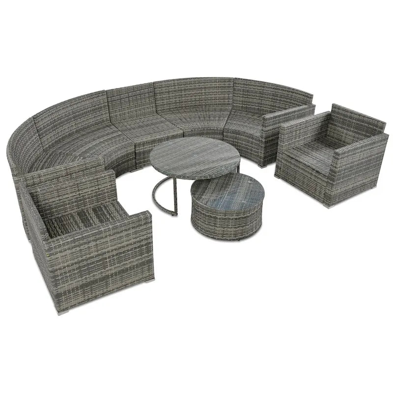 Set Sezionale Semicircolare a 9 Pezzi con Tavolino Nido e Poltrone