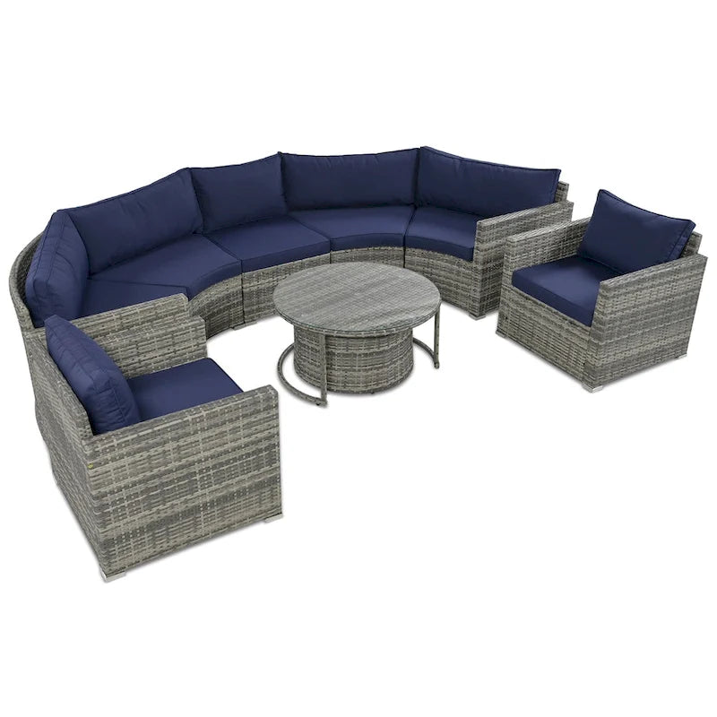 Set Sezionale Semicircolare a 9 Pezzi con Tavolino Nido e Poltrone