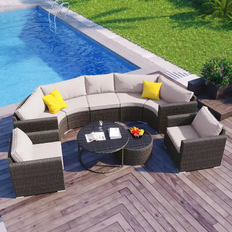 Set Sezionale Semicircolare a 9 Pezzi con Tavolino Nido e Poltrone