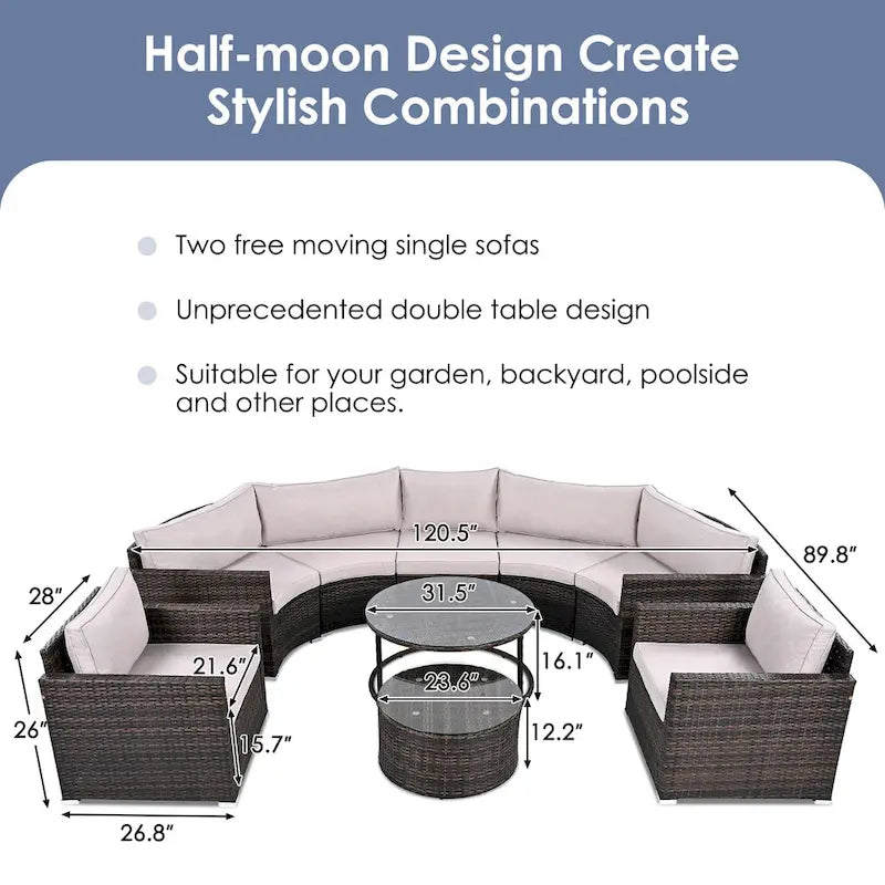 Set Sezionale Semicircolare a 9 Pezzi con Tavolino Nido e Poltrone