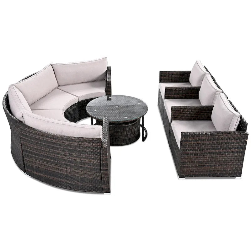 Set Sezionale Semicircolare a 9 Pezzi con Tavolino Nido e Poltrone