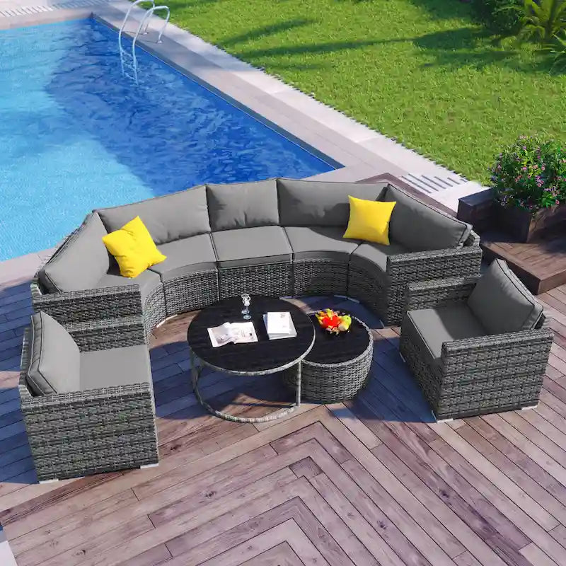 Set Sezionale Semicircolare a 9 Pezzi con Tavolino Nido e Poltrone