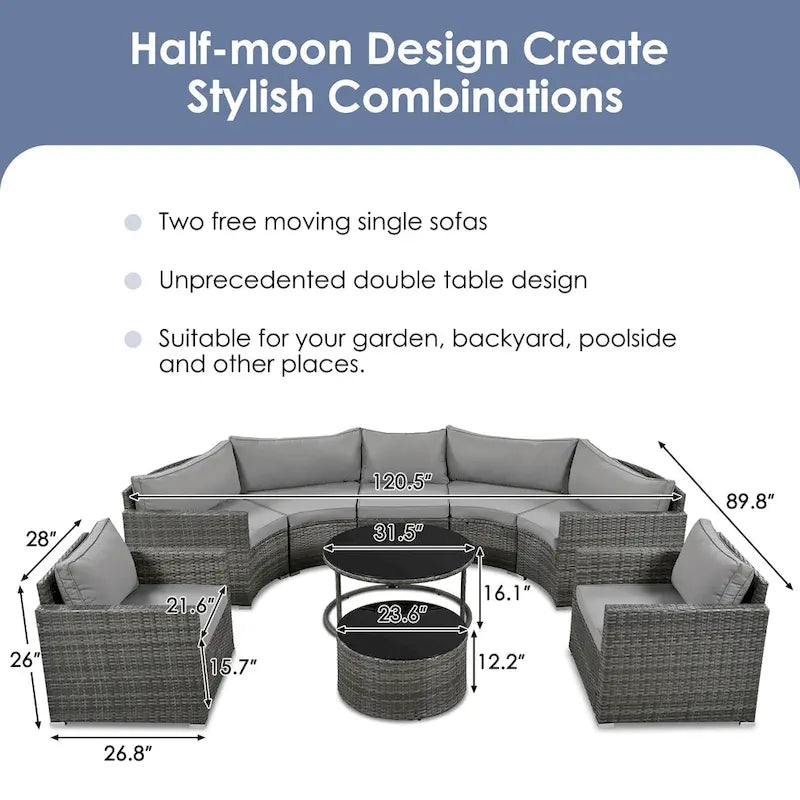 Set Sezionale Semicircolare a 9 Pezzi con Tavolino Nido e Poltrone