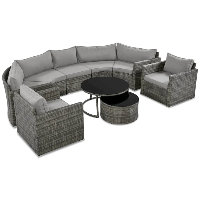Set Sezionale Semicircolare a 9 Pezzi con Tavolino Nido e Poltrone