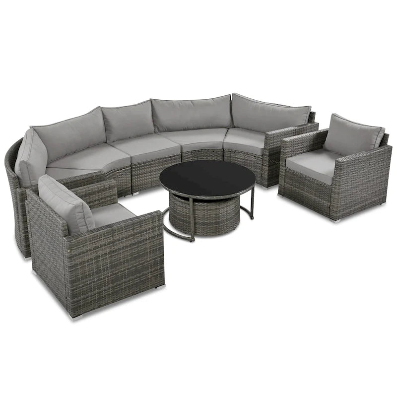Set Sezionale Semicircolare a 9 Pezzi con Tavolino Nido e Poltrone