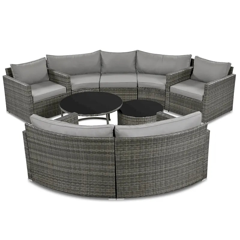 Set Sezionale Semicircolare a 9 Pezzi con Tavolino Nido e Poltrone