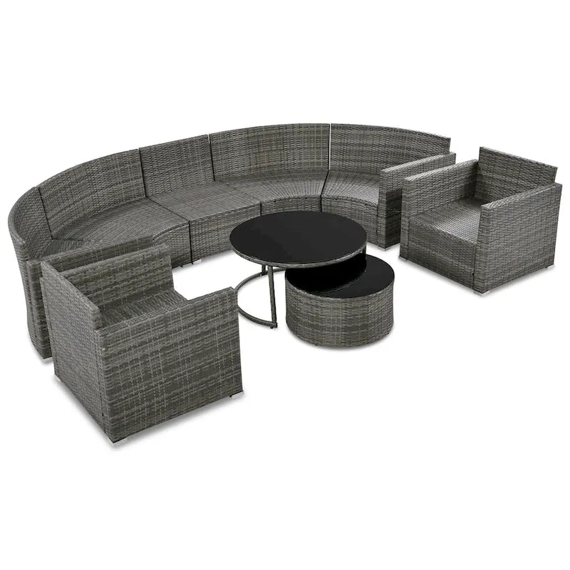 Set Sezionale Semicircolare a 9 Pezzi con Tavolino Nido e Poltrone