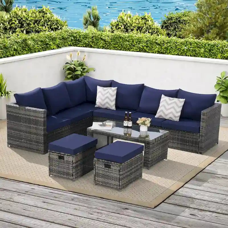 Set Divano Sezionale in Rattan da 6 Pezzi con Tavolino in Vetro
