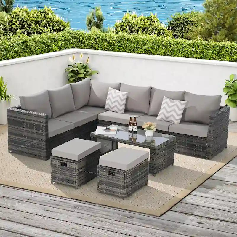 Set Divano Sezionale in Rattan da 6 Pezzi con Tavolino in Vetro