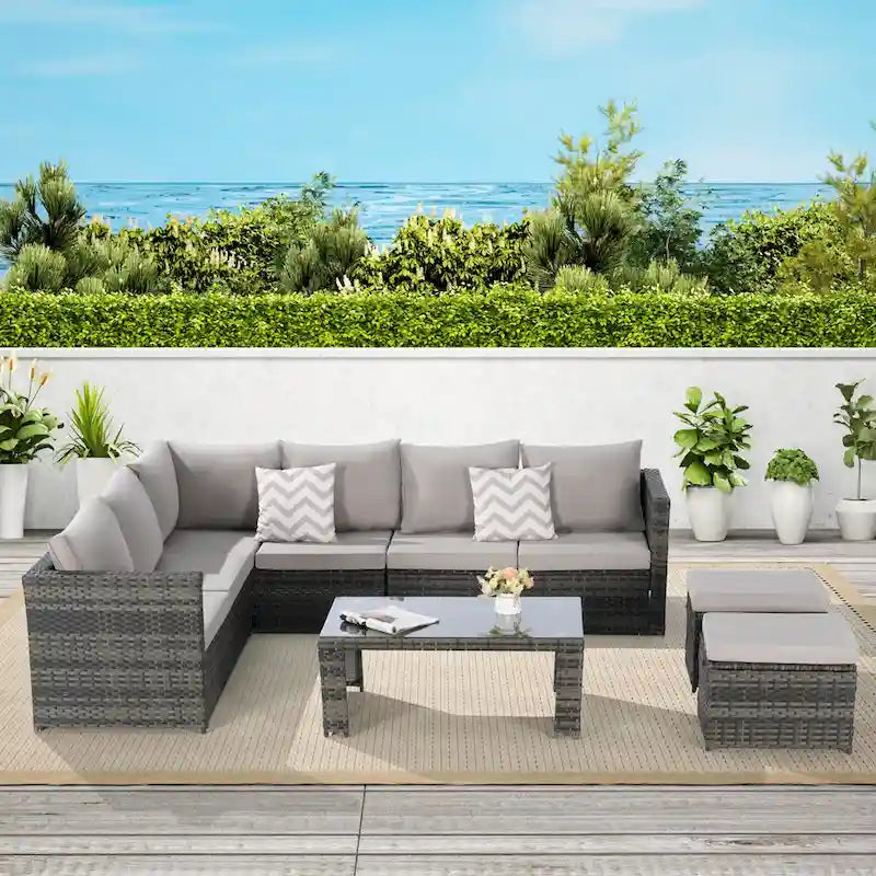 Set Divano Sezionale in Rattan da 6 Pezzi con Tavolino in Vetro